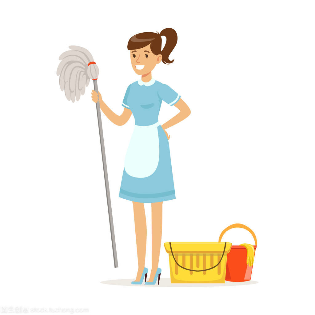 穿着制服,水桶和拖把,清洁服务的酒店矢量插图的微笑女仆字符